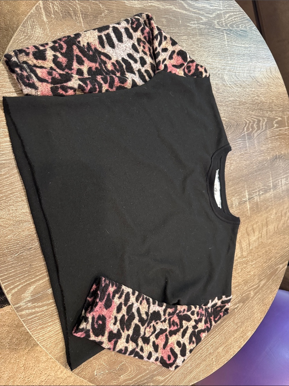 T2 Love Black Top with Pink and Tan Leopard Sleeves